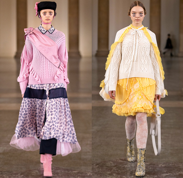 Bora Aksu 2021-2022 Fall Autumn Winter Womens Runway Looks - London Fashion Week Collections UK - French Revolution Sophie Germain - Trench Coat Tiered Ruffles Plaid Check Houndstooth Knit Sweater Eyelets Pantsuit Blazer Jacket Velvet Paisley Sheer Tulle Poufy Shoulders Puff Sleeves Babydoll Prairie Dress Straps Ribbons Flowers Floral Silk Satin Skirt Pussy Bow Zigzag Veil Straw Hat Sash Lace Embroidery Mesh Stockings Tights Noodle Strap Church Gown Gloves Handmaid Hat Boots Handbag