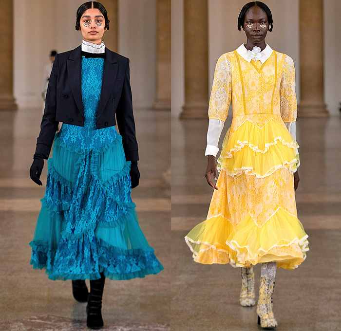 Bora Aksu 2021-2022 Fall Autumn Winter Womens Runway Looks - London Fashion Week Collections UK - French Revolution Sophie Germain - Trench Coat Tiered Ruffles Plaid Check Houndstooth Knit Sweater Eyelets Pantsuit Blazer Jacket Velvet Paisley Sheer Tulle Poufy Shoulders Puff Sleeves Babydoll Prairie Dress Straps Ribbons Flowers Floral Silk Satin Skirt Pussy Bow Zigzag Veil Straw Hat Sash Lace Embroidery Mesh Stockings Tights Noodle Strap Church Gown Gloves Handmaid Hat Boots Handbag
