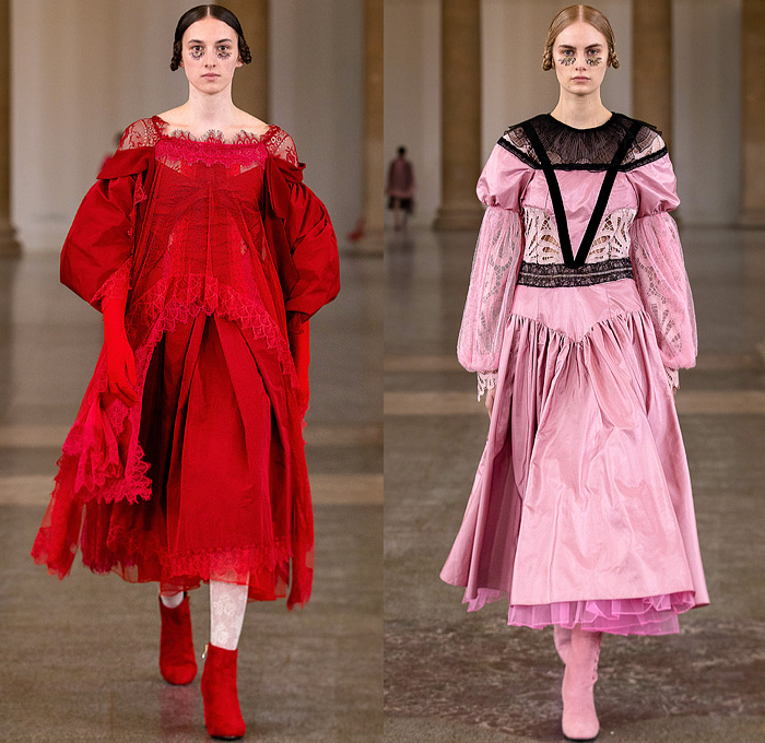 Bora Aksu 2021-2022 Fall Autumn Winter Womens Runway Looks - London Fashion Week Collections UK - French Revolution Sophie Germain - Trench Coat Tiered Ruffles Plaid Check Houndstooth Knit Sweater Eyelets Pantsuit Blazer Jacket Velvet Paisley Sheer Tulle Poufy Shoulders Puff Sleeves Babydoll Prairie Dress Straps Ribbons Flowers Floral Silk Satin Skirt Pussy Bow Zigzag Veil Straw Hat Sash Lace Embroidery Mesh Stockings Tights Noodle Strap Church Gown Gloves Handmaid Hat Boots Handbag