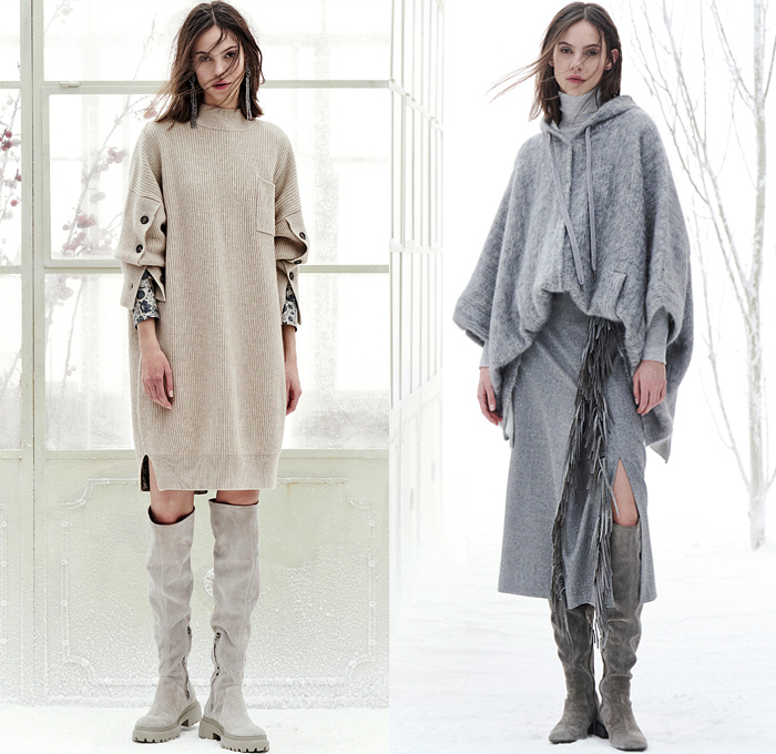 Brunello Cucinelli 2021-2022 Fall Autumn Winter Womens Lookbook Presentation - Milano Moda Donna Collezione Milan Fashion Week Italy - Muted Neutral Shades Earth Tones Knit Mesh Crochet Embroidery Cashmere Wool Silk Alpaca Mohair Sweater Cardigan Kimono Puffer Coat Robe Jacket Blazer Pantsuit Turtleneck Ribbed Sheer Tulle Suspenders Sweaterdress Poncho Fringes Pinstripe Sequins Denim Jeans Jogger Sweatpants Culottes Fur Sweatshirt Check Hat Pouch Bag Tote Gloves Tucked In Pants Boots