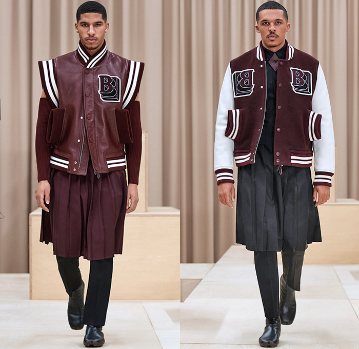 Burberry 2021-2022 Fall Autumn Winter Mens Runway Looks - London Fashion Week Mens Collections UK - Riccardo Tisci - Escapes - Trench Duffle Coat Parka Hoodie Fur Varsity Jacket 8-Point Star Fringes Gold Trims Patchwork Knit Cap Beanie Chevron Stripes Flaps Marching Band Sweater V-Neck Shorts Cap Sleeve Vest Manskirt Kilt Wood Pattern Mandress Shirtdress Accordion Pleats Arm Warmers Quilted Logo Check Bedazzled Gems Jewels Boots