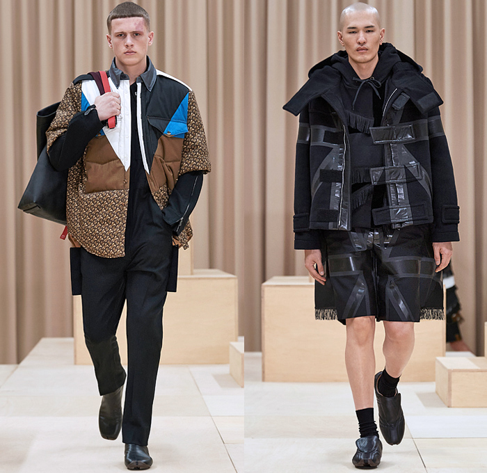 Burberry 2021-2022 Fall Autumn Winter Mens Runway Looks - London Fashion Week Mens Collections UK - Riccardo Tisci - Escapes - Trench Duffle Coat Parka Hoodie Fur Varsity Jacket 8-Point Star Fringes Gold Trims Patchwork Knit Cap Beanie Chevron Stripes Flaps Marching Band Sweater V-Neck Shorts Cap Sleeve Vest Manskirt Kilt Wood Pattern Mandress Shirtdress Accordion Pleats Arm Warmers Quilted Logo Check Bedazzled Gems Jewels Boots