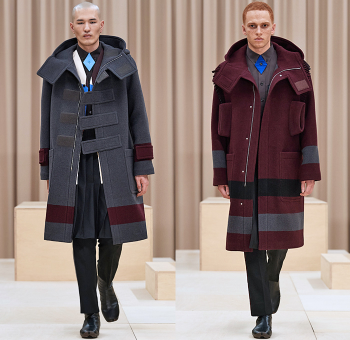 Burberry 2021-2022 Fall Autumn Winter Mens Runway Looks - London Fashion Week Mens Collections UK - Riccardo Tisci - Escapes - Trench Duffle Coat Parka Hoodie Fur Varsity Jacket 8-Point Star Fringes Gold Trims Patchwork Knit Cap Beanie Chevron Stripes Flaps Marching Band Sweater V-Neck Shorts Cap Sleeve Vest Manskirt Kilt Wood Pattern Mandress Shirtdress Accordion Pleats Arm Warmers Quilted Logo Check Bedazzled Gems Jewels Boots