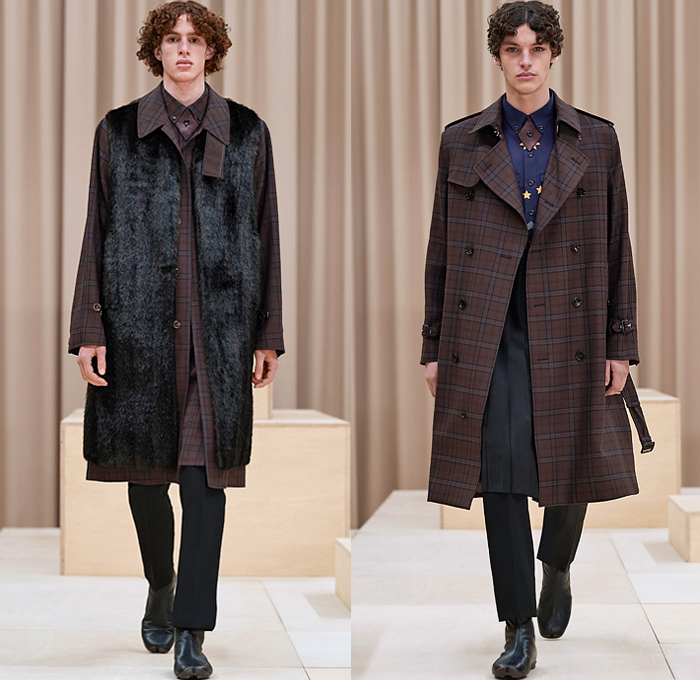 Burberry 2021-2022 Fall Autumn Winter Mens Runway Looks - London Fashion Week Mens Collections UK - Riccardo Tisci - Escapes - Trench Duffle Coat Parka Hoodie Fur Varsity Jacket 8-Point Star Fringes Gold Trims Patchwork Knit Cap Beanie Chevron Stripes Flaps Marching Band Sweater V-Neck Shorts Cap Sleeve Vest Manskirt Kilt Wood Pattern Mandress Shirtdress Accordion Pleats Arm Warmers Quilted Logo Check Bedazzled Gems Jewels Boots