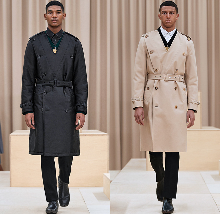 Burberry 2021-2022 Fall Autumn Winter Mens Runway Looks - London Fashion Week Mens Collections UK - Riccardo Tisci - Escapes - Trench Duffle Coat Parka Hoodie Fur Varsity Jacket 8-Point Star Fringes Gold Trims Patchwork Knit Cap Beanie Chevron Stripes Flaps Marching Band Sweater V-Neck Shorts Cap Sleeve Vest Manskirt Kilt Wood Pattern Mandress Shirtdress Accordion Pleats Arm Warmers Quilted Logo Check Bedazzled Gems Jewels Boots