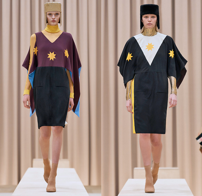 Burberry 2021-2022 Fall Autumn Winter Womens Runway Catwalk Looks - Riccardo Tisci - Femininity - Fez Ushanka Hat Ear Flaps Wide Draped Sleeves 8 Point Star Octagram Dress Gold Coins Mesh Capelet Pellegrina Arm Warmers Handkerchief Hem Wood Fur Print Sheer Tulle Chiffon Turtleneck Blouse Strips Fringes Shirtdress Geometric Check Patchwork Panels One Shoulder Metal Rings Grommets Cinch Pleats Trench Coat Poncho Shorts Rabbit Tail Peel Away Sequins Handbag Folder Mask Sunglasses Boots