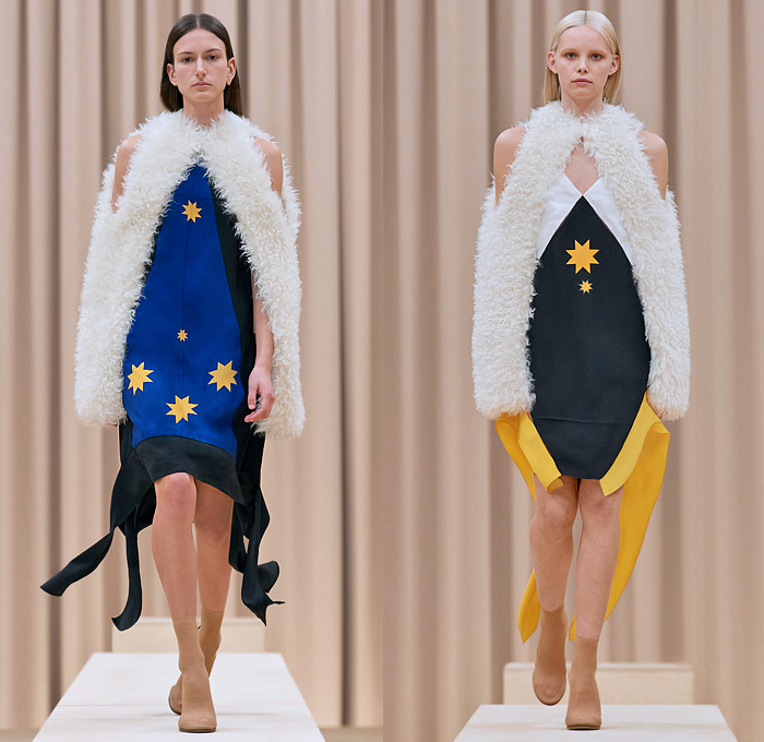 Burberry 2021-2022 Fall Autumn Winter Womens Runway Catwalk Looks - Riccardo Tisci - Femininity - Fez Ushanka Hat Ear Flaps Wide Draped Sleeves 8 Point Star Octagram Dress Gold Coins Mesh Capelet Pellegrina Arm Warmers Handkerchief Hem Wood Fur Print Sheer Tulle Chiffon Turtleneck Blouse Strips Fringes Shirtdress Geometric Check Patchwork Panels One Shoulder Metal Rings Grommets Cinch Pleats Trench Coat Poncho Shorts Rabbit Tail Peel Away Sequins Handbag Folder Mask Sunglasses Boots