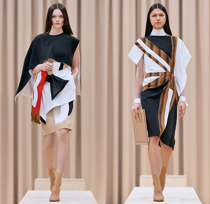 Burberry 2021-2022 Fall Autumn Winter Womens Runway Catwalk Looks - Riccardo Tisci - Femininity - Fez Ushanka Hat Ear Flaps Wide Draped Sleeves 8 Point Star Octagram Dress Gold Coins Mesh Capelet Pellegrina Arm Warmers Handkerchief Hem Wood Fur Print Sheer Tulle Chiffon Turtleneck Blouse Strips Fringes Shirtdress Geometric Check Patchwork Panels One Shoulder Metal Rings Grommets Cinch Pleats Trench Coat Poncho Shorts Rabbit Tail Peel Away Sequins Handbag Folder Mask Sunglasses Boots