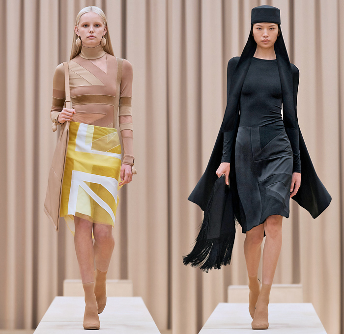 Burberry 2021-2022 Fall Autumn Winter Womens Runway Catwalk Looks - Riccardo Tisci - Femininity - Fez Ushanka Hat Ear Flaps Wide Draped Sleeves 8 Point Star Octagram Dress Gold Coins Mesh Capelet Pellegrina Arm Warmers Handkerchief Hem Wood Fur Print Sheer Tulle Chiffon Turtleneck Blouse Strips Fringes Shirtdress Geometric Check Patchwork Panels One Shoulder Metal Rings Grommets Cinch Pleats Trench Coat Poncho Shorts Rabbit Tail Peel Away Sequins Handbag Folder Mask Sunglasses Boots