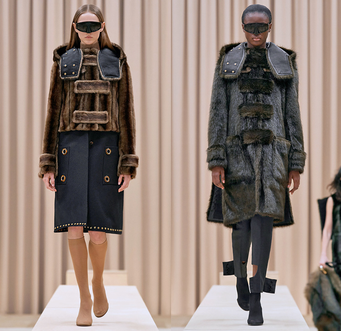 Burberry 2021-2022 Fall Autumn Winter Womens Runway Catwalk Looks - Riccardo Tisci - Femininity - Fez Ushanka Hat Ear Flaps Wide Draped Sleeves 8 Point Star Octagram Dress Gold Coins Mesh Capelet Pellegrina Arm Warmers Handkerchief Hem Wood Fur Print Sheer Tulle Chiffon Turtleneck Blouse Strips Fringes Shirtdress Geometric Check Patchwork Panels One Shoulder Metal Rings Grommets Cinch Pleats Trench Coat Poncho Shorts Rabbit Tail Peel Away Sequins Handbag Folder Mask Sunglasses Boots