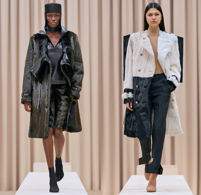 Burberry 2021-2022 Fall Autumn Winter Womens Runway Catwalk Looks - Riccardo Tisci - Femininity - Fez Ushanka Hat Ear Flaps Wide Draped Sleeves 8 Point Star Octagram Dress Gold Coins Mesh Capelet Pellegrina Arm Warmers Handkerchief Hem Wood Fur Print Sheer Tulle Chiffon Turtleneck Blouse Strips Fringes Shirtdress Geometric Check Patchwork Panels One Shoulder Metal Rings Grommets Cinch Pleats Trench Coat Poncho Shorts Rabbit Tail Peel Away Sequins Handbag Folder Mask Sunglasses Boots