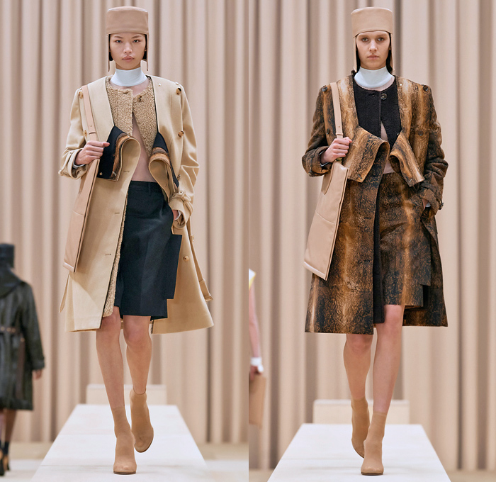 Burberry 2021-2022 Fall Autumn Winter Womens Runway Catwalk Looks - Riccardo Tisci - Femininity - Fez Ushanka Hat Ear Flaps Wide Draped Sleeves 8 Point Star Octagram Dress Gold Coins Mesh Capelet Pellegrina Arm Warmers Handkerchief Hem Wood Fur Print Sheer Tulle Chiffon Turtleneck Blouse Strips Fringes Shirtdress Geometric Check Patchwork Panels One Shoulder Metal Rings Grommets Cinch Pleats Trench Coat Poncho Shorts Rabbit Tail Peel Away Sequins Handbag Folder Mask Sunglasses Boots