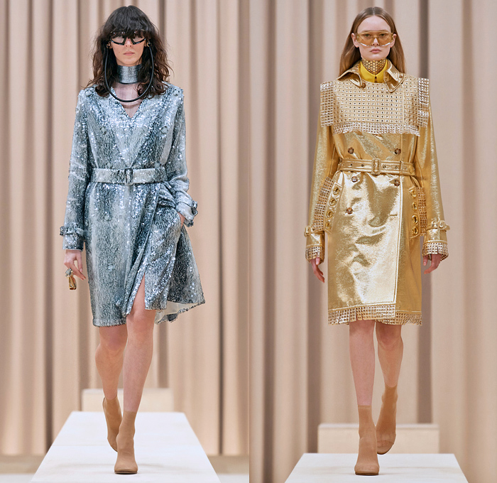 Burberry 2021-2022 Fall Autumn Winter Womens Runway Catwalk Looks - Riccardo Tisci - Femininity - Fez Ushanka Hat Ear Flaps Wide Draped Sleeves 8 Point Star Octagram Dress Gold Coins Mesh Capelet Pellegrina Arm Warmers Handkerchief Hem Wood Fur Print Sheer Tulle Chiffon Turtleneck Blouse Strips Fringes Shirtdress Geometric Check Patchwork Panels One Shoulder Metal Rings Grommets Cinch Pleats Trench Coat Poncho Shorts Rabbit Tail Peel Away Sequins Handbag Folder Mask Sunglasses Boots