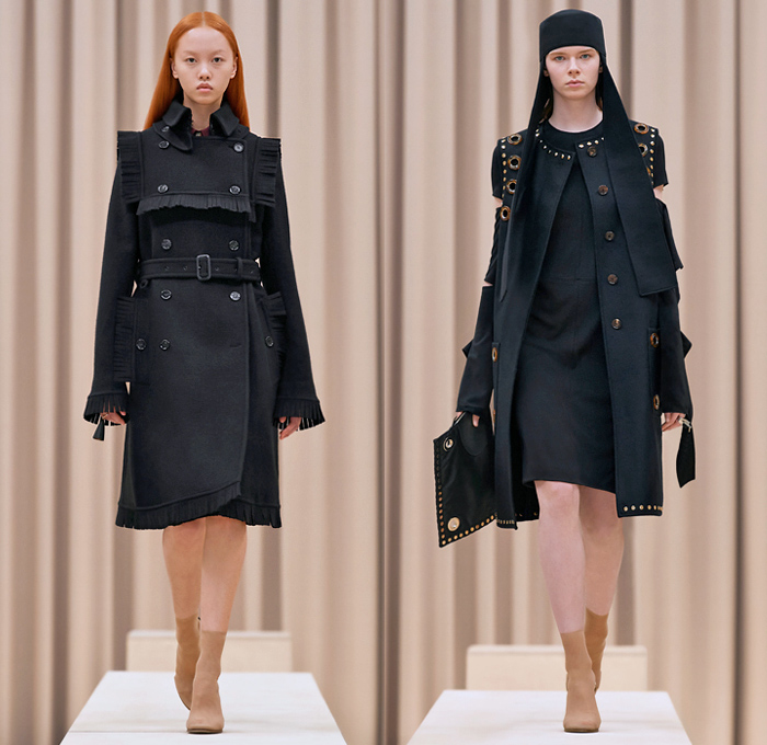 Burberry 2021-2022 Fall Autumn Winter Womens Runway Catwalk Looks - Riccardo Tisci - Femininity - Fez Ushanka Hat Ear Flaps Wide Draped Sleeves 8 Point Star Octagram Dress Gold Coins Mesh Capelet Pellegrina Arm Warmers Handkerchief Hem Wood Fur Print Sheer Tulle Chiffon Turtleneck Blouse Strips Fringes Shirtdress Geometric Check Patchwork Panels One Shoulder Metal Rings Grommets Cinch Pleats Trench Coat Poncho Shorts Rabbit Tail Peel Away Sequins Handbag Folder Mask Sunglasses Boots