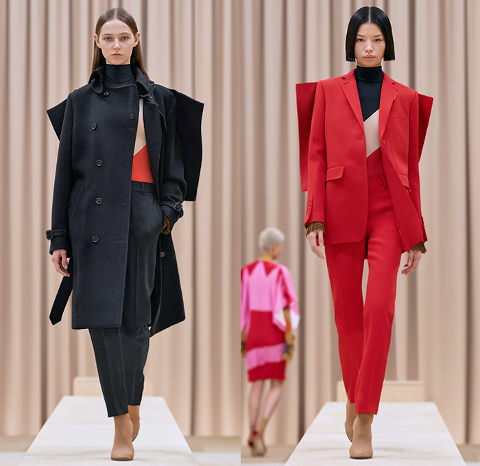 Burberry 2021-2022 Fall Autumn Winter Womens Runway Catwalk Looks - Riccardo Tisci - Femininity - Fez Ushanka Hat Ear Flaps Wide Draped Sleeves 8 Point Star Octagram Dress Gold Coins Mesh Capelet Pellegrina Arm Warmers Handkerchief Hem Wood Fur Print Sheer Tulle Chiffon Turtleneck Blouse Strips Fringes Shirtdress Geometric Check Patchwork Panels One Shoulder Metal Rings Grommets Cinch Pleats Trench Coat Poncho Shorts Rabbit Tail Peel Away Sequins Handbag Folder Mask Sunglasses Boots