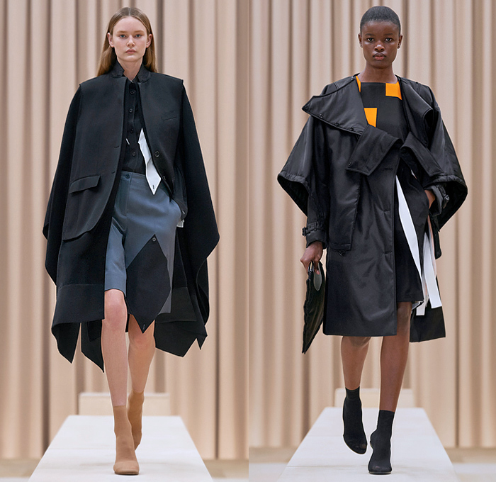 Burberry 2021-2022 Fall Autumn Winter Womens Runway Catwalk Looks - Riccardo Tisci - Femininity - Fez Ushanka Hat Ear Flaps Wide Draped Sleeves 8 Point Star Octagram Dress Gold Coins Mesh Capelet Pellegrina Arm Warmers Handkerchief Hem Wood Fur Print Sheer Tulle Chiffon Turtleneck Blouse Strips Fringes Shirtdress Geometric Check Patchwork Panels One Shoulder Metal Rings Grommets Cinch Pleats Trench Coat Poncho Shorts Rabbit Tail Peel Away Sequins Handbag Folder Mask Sunglasses Boots