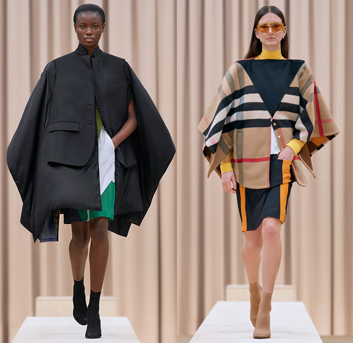 Burberry 2021-2022 Fall Autumn Winter Womens Runway Catwalk Looks - Riccardo Tisci - Femininity - Fez Ushanka Hat Ear Flaps Wide Draped Sleeves 8 Point Star Octagram Dress Gold Coins Mesh Capelet Pellegrina Arm Warmers Handkerchief Hem Wood Fur Print Sheer Tulle Chiffon Turtleneck Blouse Strips Fringes Shirtdress Geometric Check Patchwork Panels One Shoulder Metal Rings Grommets Cinch Pleats Trench Coat Poncho Shorts Rabbit Tail Peel Away Sequins Handbag Folder Mask Sunglasses Boots