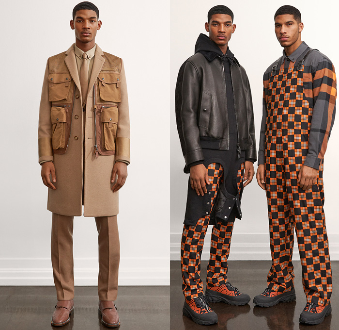 Burberry 2021 Pre-Fall Autumn Mens Lookbook Presentation - Outdoors Mesh Cargo Utility Pockets Vest Quilted Puffer Jacket Trench Coat Parka Anorak Neck Tie Racing Check Hoodie Sweatshirt Cuffs Onesie Overalls Jumpsuit Flowers Floral Jogger Sweatpants Abstract Cow Spots Print Digital Camouflage Accordion Pleats Manskirt Kilt Fanny Pack Pouch Belt Bum Bag Horn Cap Hiking Shoes Furry Sandals Heeled Trainers