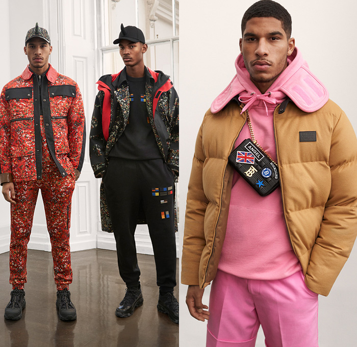 Burberry 2021 Pre-Fall Autumn Mens Lookbook Presentation - Outdoors Mesh Cargo Utility Pockets Vest Quilted Puffer Jacket Trench Coat Parka Anorak Neck Tie Racing Check Hoodie Sweatshirt Cuffs Onesie Overalls Jumpsuit Flowers Floral Jogger Sweatpants Abstract Cow Spots Print Digital Camouflage Accordion Pleats Manskirt Kilt Fanny Pack Pouch Belt Bum Bag Horn Cap Hiking Shoes Furry Sandals Heeled Trainers