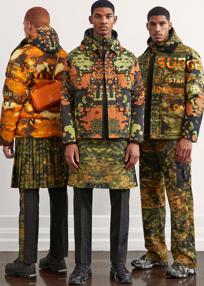 Burberry 2021 Pre-Fall Autumn Mens Lookbook Presentation - Outdoors Mesh Cargo Utility Pockets Vest Quilted Puffer Jacket Trench Coat Parka Anorak Neck Tie Racing Check Hoodie Sweatshirt Cuffs Onesie Overalls Jumpsuit Flowers Floral Jogger Sweatpants Abstract Cow Spots Print Digital Camouflage Accordion Pleats Manskirt Kilt Fanny Pack Pouch Belt Bum Bag Horn Cap Hiking Shoes Furry Sandals Heeled Trainers