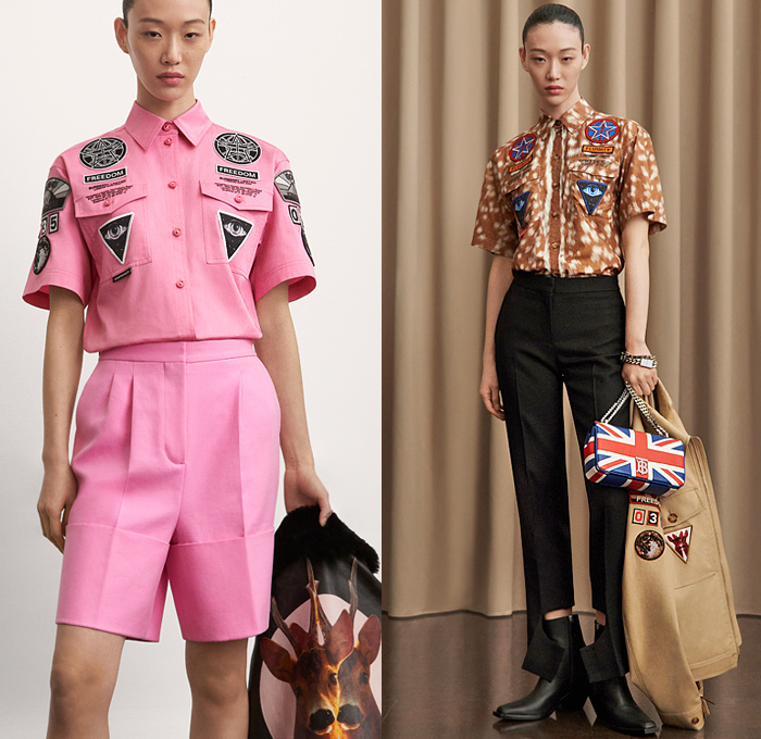 Burberry 2021 Pre-Fall Autumn Womens Lookbook Presentation - Outdoors Patches Badges Pockets Military Shirt Blouse Shorts Cuffed Hem Field Jacket Flowers Floral Patchwork Trench Coat Quilted Parka Hoodie Camouflage Biker Pants Blazer Pantsuit Sheer Draped Bodycon Pinafore Dress Eyelets Holes Gold Mesh Skinny Leggings Knit Turtleneck Corset Check Plaid Straps Wide Leg Palazzo Pants Halterneck Twist Knot Sequins Gown Cow Spots Abstract Furry Sandals Boots Handbag Clutch Purse