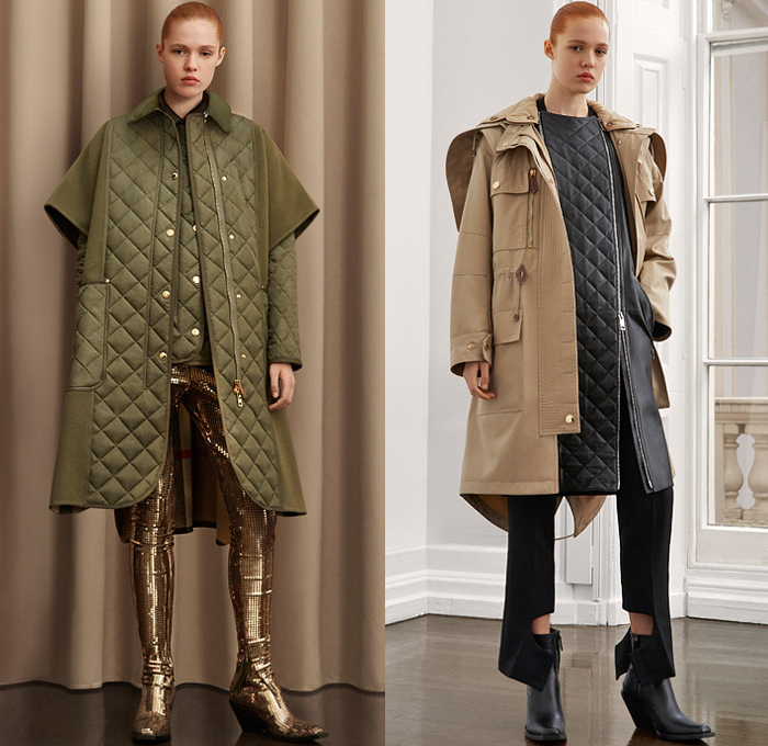 Burberry 2021 Pre-Fall Autumn Womens Lookbook Presentation - Outdoors Patches Badges Pockets Military Shirt Blouse Shorts Cuffed Hem Field Jacket Flowers Floral Patchwork Trench Coat Quilted Parka Hoodie Camouflage Biker Pants Blazer Pantsuit Sheer Draped Bodycon Pinafore Dress Eyelets Holes Gold Mesh Skinny Leggings Knit Turtleneck Corset Check Plaid Straps Wide Leg Palazzo Pants Halterneck Twist Knot Sequins Gown Cow Spots Abstract Furry Sandals Boots Handbag Clutch Purse