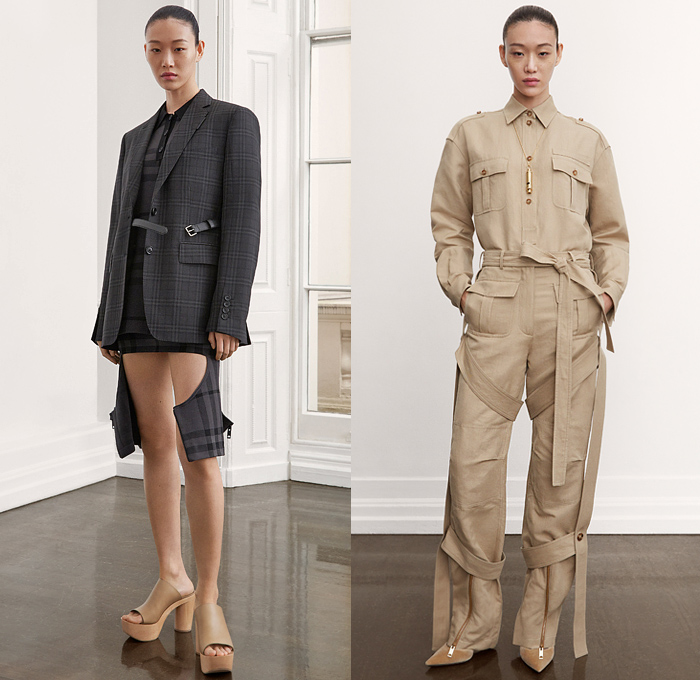 Burberry 2021 Pre-Fall Autumn Womens Lookbook Presentation - Outdoors Patches Badges Pockets Military Shirt Blouse Shorts Cuffed Hem Field Jacket Flowers Floral Patchwork Trench Coat Quilted Parka Hoodie Camouflage Biker Pants Blazer Pantsuit Sheer Draped Bodycon Pinafore Dress Eyelets Holes Gold Mesh Skinny Leggings Knit Turtleneck Corset Check Plaid Straps Wide Leg Palazzo Pants Halterneck Twist Knot Sequins Gown Cow Spots Abstract Furry Sandals Boots Handbag Clutch Purse