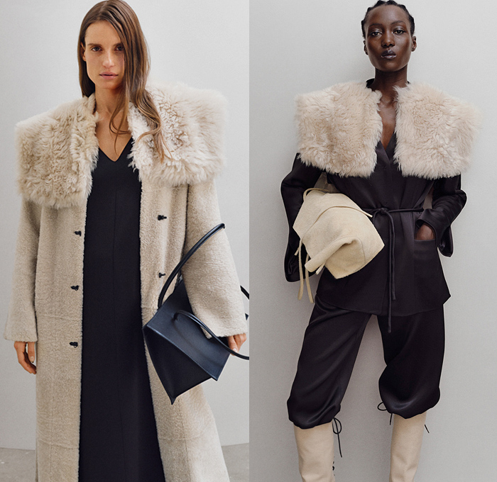 By Malene Birger 2021-2022 Fall Autumn Winter Womens Lookbook Presentation - Copenhagen Fashion Week CPHFW Denmark - Maximalist Bohemian Minimalism Fur Plush Oversized Lapel Pellegrina Cape Trench Coat Wool Maxi Dress Knit Weave Fringes Pantsuit Blazer Houndstooth Robe Shawl Silk Satin Wide Sleeves Ribbed Sweaterdress Puff Sleeves Ushanka Trooper Hat Cap Handbag Tote Boots Kitten Heels