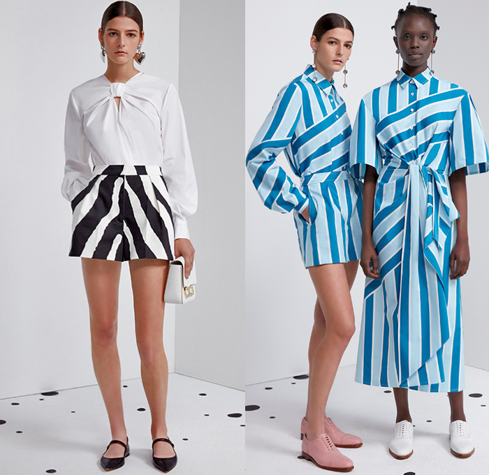 Carolina Herrera 2021 Pre-Fall Autumn Womens Lookbook Presentation - 1960s Sixties Long Sleeve Blouse Tied Knot Bow Ribbon Animal Stripes Zebra Polka Dots Spots Shirtdress Onesie Bell Sleeves Gown Wool Trench Coat Hoodie Parka Bomber Jacket Tiered Ruffles Strapless Babydoll Sheath Dress Noodle Strap Poufy Puff Sheer Tulle Pleats Knit Sweater Shorts Wide Leg Palazzo Pants Minisikirt Handbag Mary Janes Flats Brogues