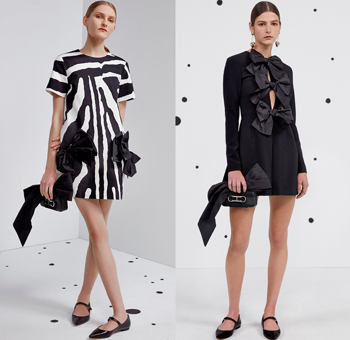 Carolina Herrera 2021 Pre-Fall Autumn Womens Lookbook Presentation - 1960s Sixties Long Sleeve Blouse Tied Knot Bow Ribbon Animal Stripes Zebra Polka Dots Spots Shirtdress Onesie Bell Sleeves Gown Wool Trench Coat Hoodie Parka Bomber Jacket Tiered Ruffles Strapless Babydoll Sheath Dress Noodle Strap Poufy Puff Sheer Tulle Pleats Knit Sweater Shorts Wide Leg Palazzo Pants Minisikirt Handbag Mary Janes Flats Brogues