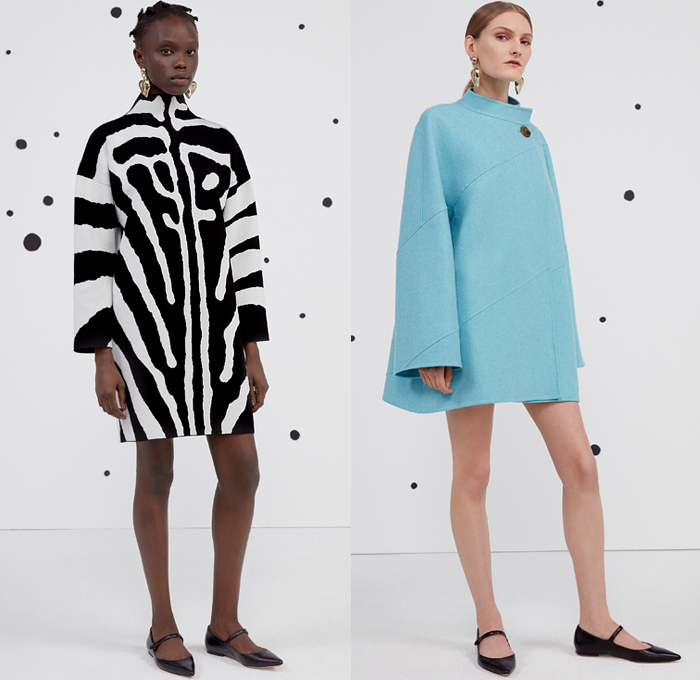 Carolina Herrera 2021 Pre-Fall Autumn Womens Lookbook Presentation - 1960s Sixties Long Sleeve Blouse Tied Knot Bow Ribbon Animal Stripes Zebra Polka Dots Spots Shirtdress Onesie Bell Sleeves Gown Wool Trench Coat Hoodie Parka Bomber Jacket Tiered Ruffles Strapless Babydoll Sheath Dress Noodle Strap Poufy Puff Sheer Tulle Pleats Knit Sweater Shorts Wide Leg Palazzo Pants Minisikirt Handbag Mary Janes Flats Brogues