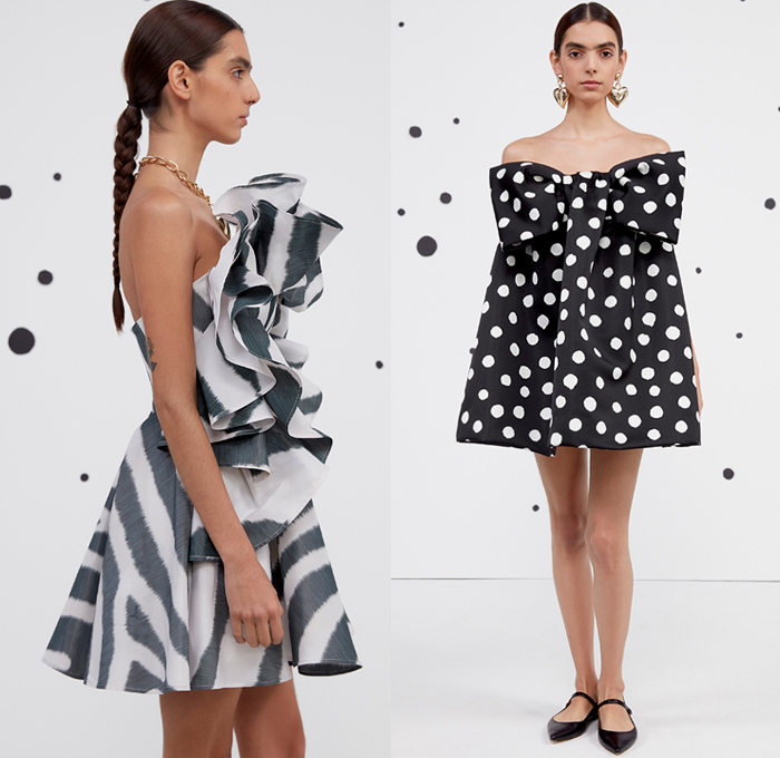 Carolina Herrera 2021 Pre-Fall Autumn Womens Lookbook Presentation - 1960s Sixties Long Sleeve Blouse Tied Knot Bow Ribbon Animal Stripes Zebra Polka Dots Spots Shirtdress Onesie Bell Sleeves Gown Wool Trench Coat Hoodie Parka Bomber Jacket Tiered Ruffles Strapless Babydoll Sheath Dress Noodle Strap Poufy Puff Sheer Tulle Pleats Knit Sweater Shorts Wide Leg Palazzo Pants Minisikirt Handbag Mary Janes Flats Brogues