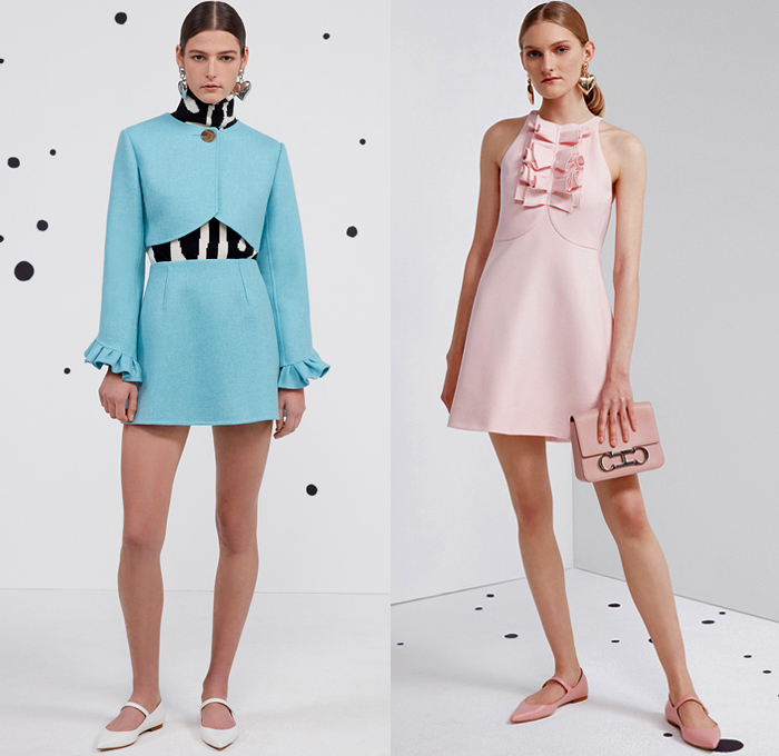 Carolina Herrera 2021 Pre-Fall Autumn Womens Lookbook Presentation - 1960s Sixties Long Sleeve Blouse Tied Knot Bow Ribbon Animal Stripes Zebra Polka Dots Spots Shirtdress Onesie Bell Sleeves Gown Wool Trench Coat Hoodie Parka Bomber Jacket Tiered Ruffles Strapless Babydoll Sheath Dress Noodle Strap Poufy Puff Sheer Tulle Pleats Knit Sweater Shorts Wide Leg Palazzo Pants Minisikirt Handbag Mary Janes Flats Brogues