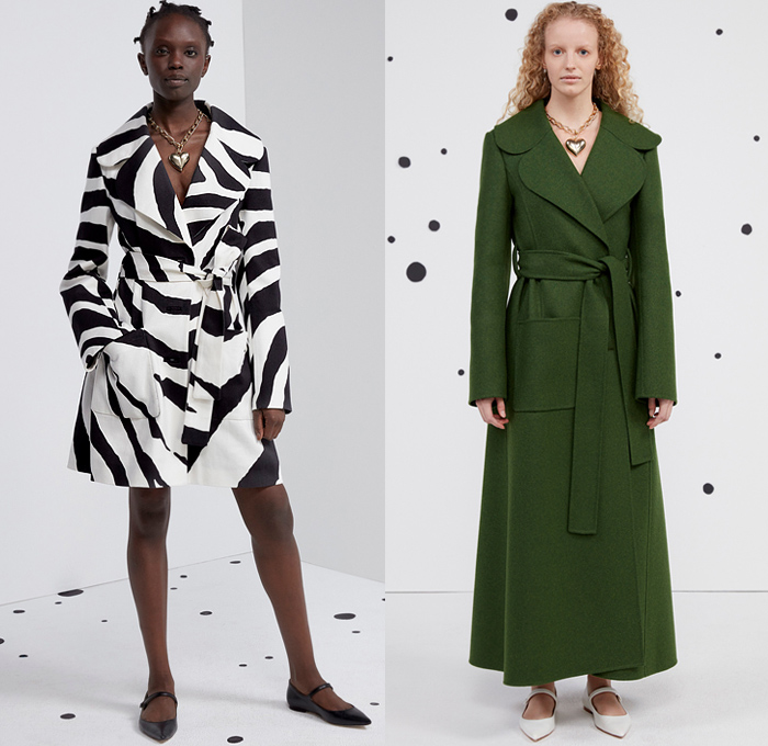 Carolina Herrera 2021 Pre-Fall Autumn Womens Lookbook Presentation - 1960s Sixties Long Sleeve Blouse Tied Knot Bow Ribbon Animal Stripes Zebra Polka Dots Spots Shirtdress Onesie Bell Sleeves Gown Wool Trench Coat Hoodie Parka Bomber Jacket Tiered Ruffles Strapless Babydoll Sheath Dress Noodle Strap Poufy Puff Sheer Tulle Pleats Knit Sweater Shorts Wide Leg Palazzo Pants Minisikirt Handbag Mary Janes Flats Brogues