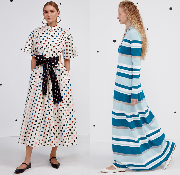 Carolina Herrera 2021 Pre-Fall Autumn Womens Lookbook Presentation - 1960s Sixties Long Sleeve Blouse Tied Knot Bow Ribbon Animal Stripes Zebra Polka Dots Spots Shirtdress Onesie Bell Sleeves Gown Wool Trench Coat Hoodie Parka Bomber Jacket Tiered Ruffles Strapless Babydoll Sheath Dress Noodle Strap Poufy Puff Sheer Tulle Pleats Knit Sweater Shorts Wide Leg Palazzo Pants Minisikirt Handbag Mary Janes Flats Brogues