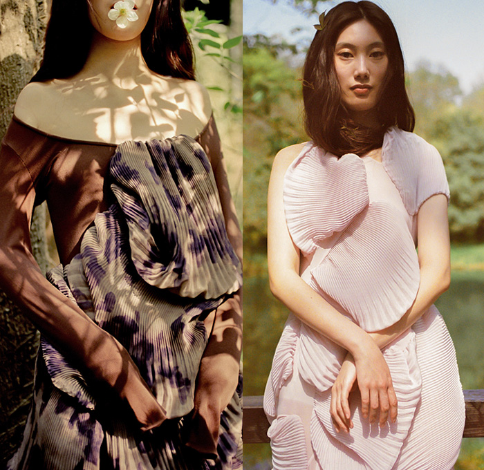 Caroline Hu 2021-2022 Fall Autumn Winter Womens Lookbook Presentation - Jellyfish Smocking Dress Sheer Tulle Ruffles Frills Draped Tiered Ribbed Knit Mesh Sweaterdress Trompe L'oeil Flowers Floral Deconstructed Patchwork Strapless Open Shoulders Noodle Strap Threads Frayed Veil