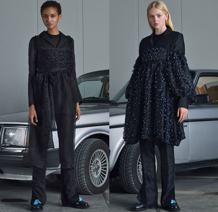 Cecilie Bahnsen 2021-2022 Fall Autumn Winter Womens Lookbook Presentation - Paris Fashion Week Femme PFW - Kraplap Vest Quilted Puffer Trench Coat Poufy Puff Sleeves Leg O'Mutton Cargo Pockets Turtleneck Knit Sweater Bedazzled Trompe L'oeil Flowers Floral Pendant Studs Adorned Bows Tied Ribbon Wrapped Jacquard Brocade Noodle Strap Prairie Damsel Dress Blazer Layers Ribbed Sheer Tulle Cutout Shoulders Drawstring Velvet Flare Pants Loafer Sandals