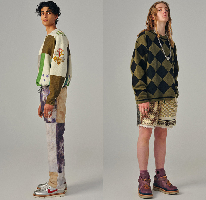 Children of the Discordance by Hideaki Shikama 2021-2022 Fall Autumn Winter Mens Lookbook Presentation - Milano Moda Uomo Milan Fashion Week Mens - Dawn Vintage Deadstock Fabrics Upcycled Repurposed Denim Jeans Trucker Jacket Zipper Strap Ethnic Persian Carpet Rug Metal Studs Patchwork Fringes Jacket Anorak Tie-Dye Hoodie Sweatshirt Cap Knit Cardigan Decorative Tribal Art Fleece Suede Flare Snap Buttons Tearaway Pants Bandana Paisley Houndstooth Harlequin Check Shorts Clogs Sneakers