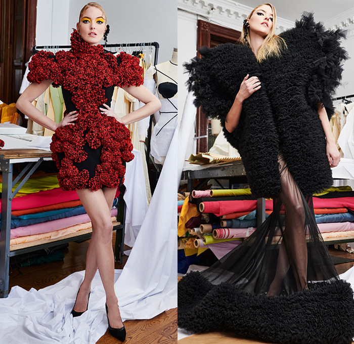 Christian Siriano 2021 Pre-Fall Autumn Womens Lookbook Presentation - Bedazzled Embroidery Crystals Gems Feathers Eyes Lashes Tears Pearls Butterflies Trompe L'oeil Crop Top Midriff Blazer Jacket Cape Draped Wide Leg Flare Headwear Screen Siren Ball Gown Eveningwear Dress Sheer Tulle Bralette Tiered Voluminous Ruffles Curls Noodle Strap Peel Away Poufy Shoulders Turtleneck Heels