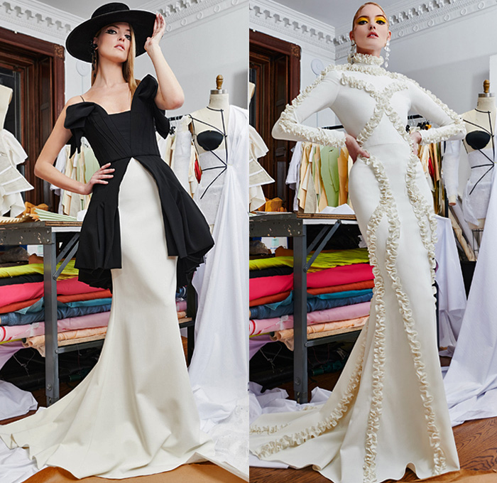 Christian Siriano 2021 Pre-Fall Autumn Womens Lookbook Presentation - Bedazzled Embroidery Crystals Gems Feathers Eyes Lashes Tears Pearls Butterflies Trompe L'oeil Crop Top Midriff Blazer Jacket Cape Draped Wide Leg Flare Headwear Screen Siren Ball Gown Eveningwear Dress Sheer Tulle Bralette Tiered Voluminous Ruffles Curls Noodle Strap Peel Away Poufy Shoulders Turtleneck Heels