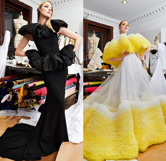 Christian Siriano 2021 Pre-Fall Autumn Womens Lookbook Presentation - Bedazzled Embroidery Crystals Gems Feathers Eyes Lashes Tears Pearls Butterflies Trompe L'oeil Crop Top Midriff Blazer Jacket Cape Draped Wide Leg Flare Headwear Screen Siren Ball Gown Eveningwear Dress Sheer Tulle Bralette Tiered Voluminous Ruffles Curls Noodle Strap Peel Away Poufy Shoulders Turtleneck Heels