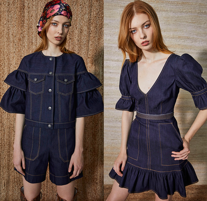 Cinq à Sept 2021 Pre-Fall Autumn Womens Lookbook Presentation – Bohemian Boho Chic Flower Power Floral Head Scarf Denim Jeans Blouse Tiered Bell Hem Poufy Shoulders Puff Sleeves Babydoll Prairie Damsel Dress Patchwork Pantsuit Blazer Bedazzled Crystals Blouse Noodle Strap Ruffles Check Plaid Sheer Turtleneck Mullet High-Low Hem Shirtdress Cinch Cutoffs Shorts Snakeskin Boots