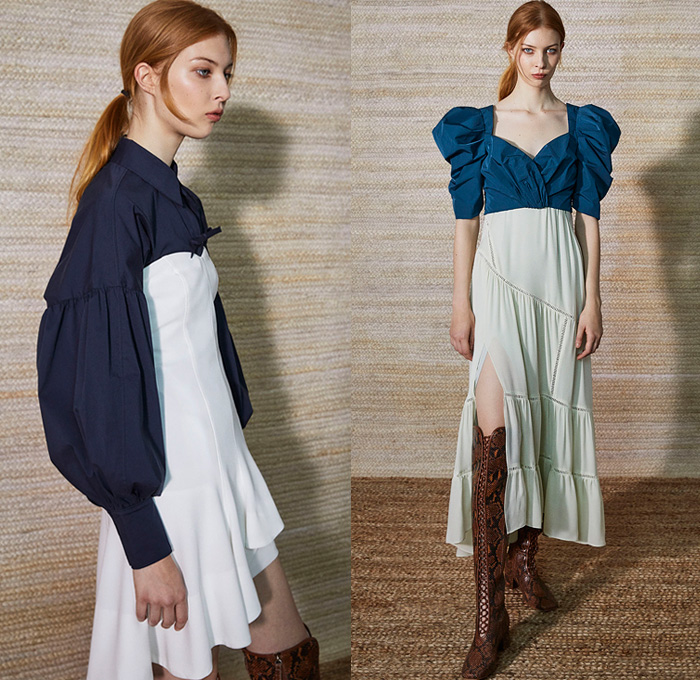 Cinq à Sept 2021 Pre-Fall Autumn Womens Lookbook Presentation – Bohemian Boho Chic Flower Power Floral Head Scarf Denim Jeans Blouse Tiered Bell Hem Poufy Shoulders Puff Sleeves Babydoll Prairie Damsel Dress Patchwork Pantsuit Blazer Bedazzled Crystals Blouse Noodle Strap Ruffles Check Plaid Sheer Turtleneck Mullet High-Low Hem Shirtdress Cinch Cutoffs Shorts Snakeskin Boots