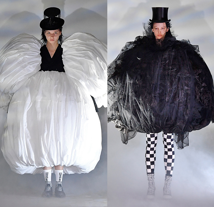 Comme des Garçons 2021-2022 Fall Autumn Winter Womens Runway Catwalk Looks - Rakuten Fashion Week Tokyo Japan - Rei Kawakubo - Edwardian Victorian Noir Monochrome Voluminous Tiered Ruffles Frills Giant Oversized Sculpture Puff Ball Crinoline Stovepipe Hat Blazer Poufy Shoulders Puff Bloated Balloon Wide Sleeves Pleats Sheer Tulle Mesh Draped Racing Check Polka Dots Leggings Tights Dress Gown Scribble Tied Knot Pillow Coils Cape Hoodie Heeled Nike Sneakers Salomon Trail Runners