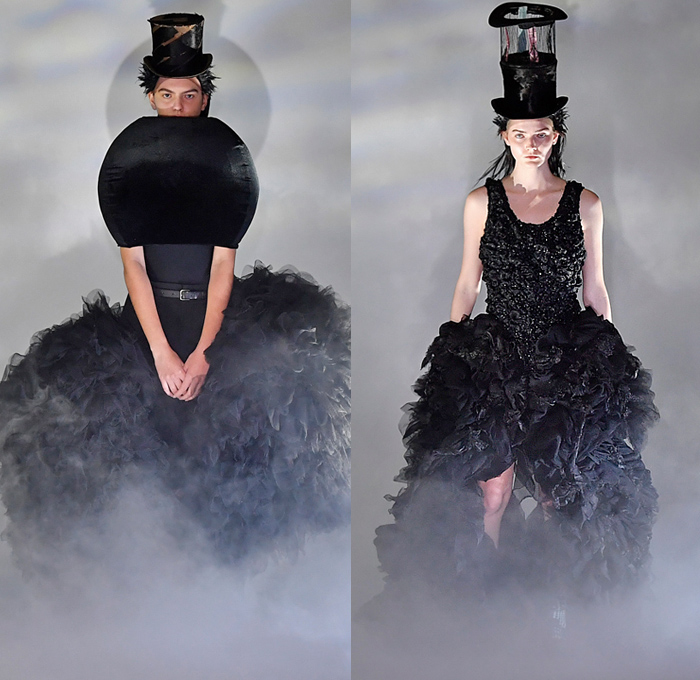 Comme des Garçons 2021-2022 Fall Autumn Winter Womens Runway Catwalk Looks - Rakuten Fashion Week Tokyo Japan - Rei Kawakubo - Edwardian Victorian Noir Monochrome Voluminous Tiered Ruffles Frills Giant Oversized Sculpture Puff Ball Crinoline Stovepipe Hat Blazer Poufy Shoulders Puff Bloated Balloon Wide Sleeves Pleats Sheer Tulle Mesh Draped Racing Check Polka Dots Leggings Tights Dress Gown Scribble Tied Knot Pillow Coils Cape Hoodie Heeled Nike Sneakers Salomon Trail Runners