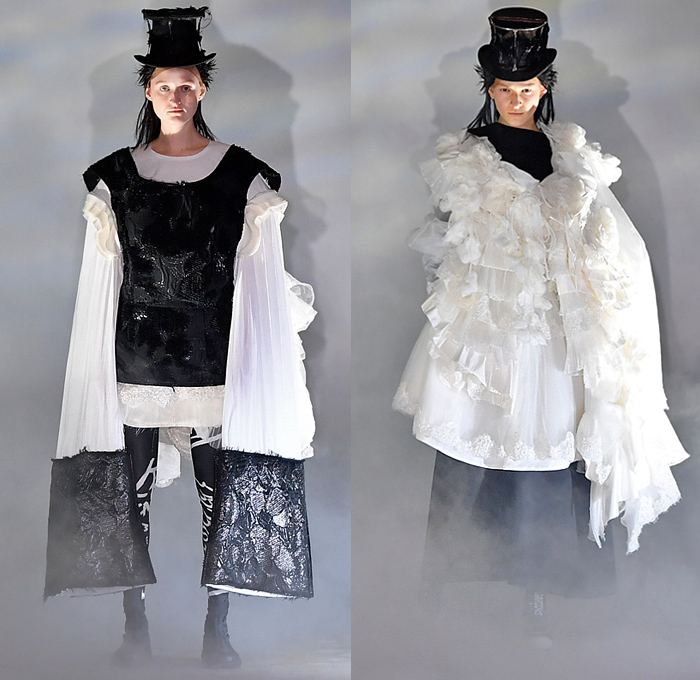 Comme des Garçons 2021-2022 Fall Autumn Winter Womens Runway Catwalk Looks - Rakuten Fashion Week Tokyo Japan - Rei Kawakubo - Edwardian Victorian Noir Monochrome Voluminous Tiered Ruffles Frills Giant Oversized Sculpture Puff Ball Crinoline Stovepipe Hat Blazer Poufy Shoulders Puff Bloated Balloon Wide Sleeves Pleats Sheer Tulle Mesh Draped Racing Check Polka Dots Leggings Tights Dress Gown Scribble Tied Knot Pillow Coils Cape Hoodie Heeled Nike Sneakers Salomon Trail Runners