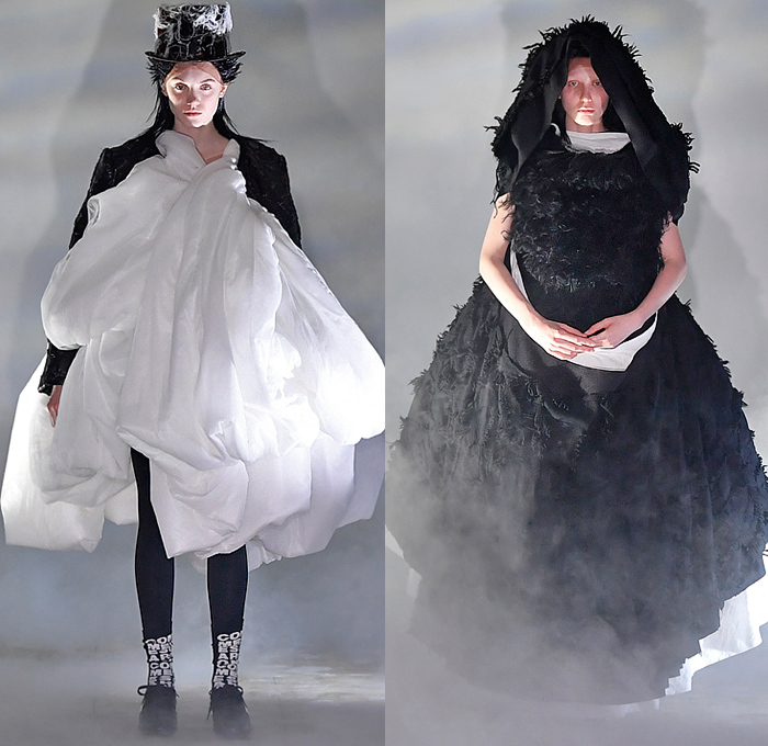 Comme des Garçons 2021-2022 Fall Autumn Winter Womens Runway Catwalk Looks - Rakuten Fashion Week Tokyo Japan - Rei Kawakubo - Edwardian Victorian Noir Monochrome Voluminous Tiered Ruffles Frills Giant Oversized Sculpture Puff Ball Crinoline Stovepipe Hat Blazer Poufy Shoulders Puff Bloated Balloon Wide Sleeves Pleats Sheer Tulle Mesh Draped Racing Check Polka Dots Leggings Tights Dress Gown Scribble Tied Knot Pillow Coils Cape Hoodie Heeled Nike Sneakers Salomon Trail Runners