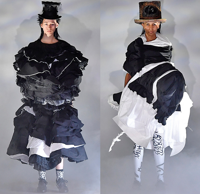 Comme des Garçons 2021-2022 Fall Autumn Winter Womens Runway Catwalk Looks - Rakuten Fashion Week Tokyo Japan - Rei Kawakubo - Edwardian Victorian Noir Monochrome Voluminous Tiered Ruffles Frills Giant Oversized Sculpture Puff Ball Crinoline Stovepipe Hat Blazer Poufy Shoulders Puff Bloated Balloon Wide Sleeves Pleats Sheer Tulle Mesh Draped Racing Check Polka Dots Leggings Tights Dress Gown Scribble Tied Knot Pillow Coils Cape Hoodie Heeled Nike Sneakers Salomon Trail Runners