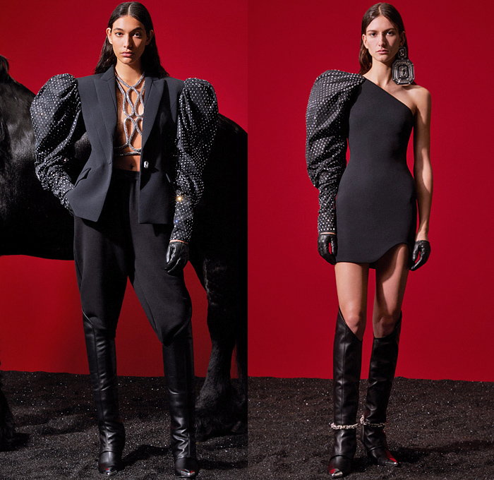 David Koma 2021 Pre-Fall Autumn Womens Lookbook Presentation - Princess Diana Bedazzled Crystals Gems Jewels Mirrors Discs Strapless Poufy Shoulders Puff Sleeves Leg O'Mutton Party Cocktail Dress Strings Cinch Noodle Strap Body Contour Knit Sweaterdress Holes Cutout Chain Cardigan Hotpants Pantsuit Harness One Shoulder Asymmetrical Hem Shirtdress Skirt Draped Silk Satin Halterneck Coat Shawl Logo Mania Sheer Tulle Lingerie Nightgown Feathers Fringes Handbag Tote Gloves Boots