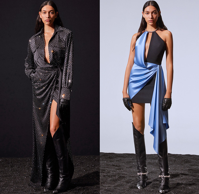 David Koma 2021 Pre-Fall Autumn Womens Lookbook Presentation - Princess Diana Bedazzled Crystals Gems Jewels Mirrors Discs Strapless Poufy Shoulders Puff Sleeves Leg O'Mutton Party Cocktail Dress Strings Cinch Noodle Strap Body Contour Knit Sweaterdress Holes Cutout Chain Cardigan Hotpants Pantsuit Harness One Shoulder Asymmetrical Hem Shirtdress Skirt Draped Silk Satin Halterneck Coat Shawl Logo Mania Sheer Tulle Lingerie Nightgown Feathers Fringes Handbag Tote Gloves Boots